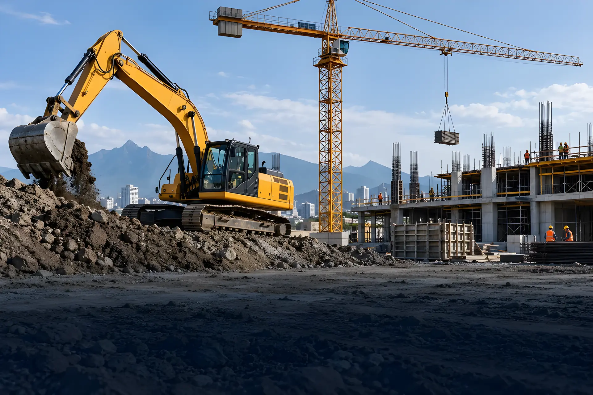 Excavadora y grúa en una obra